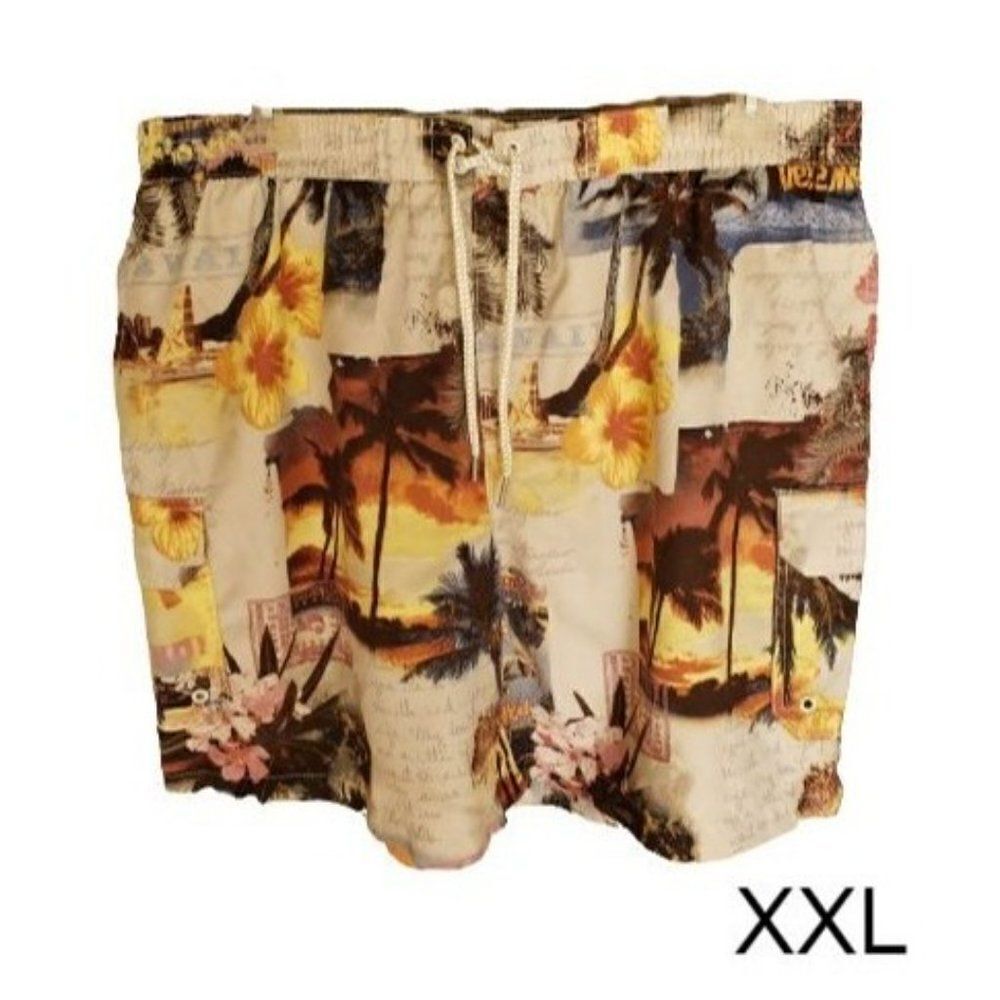 Men's Swim Trunks XXL Hawaii Paradise Print Pockets Swimwear 2XL NWOT